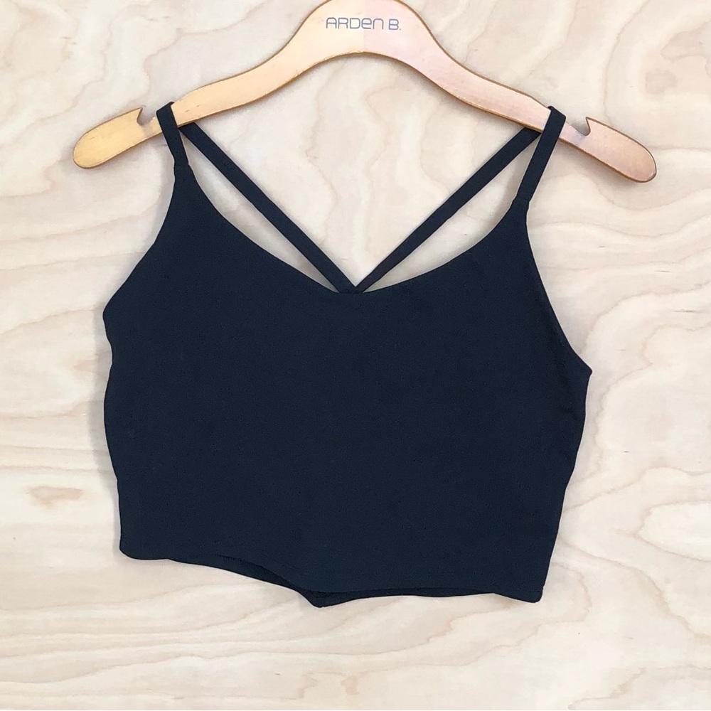 Athleta Black V-Neck Cropped Tank Top Twist Cross Back lined Womens Large.